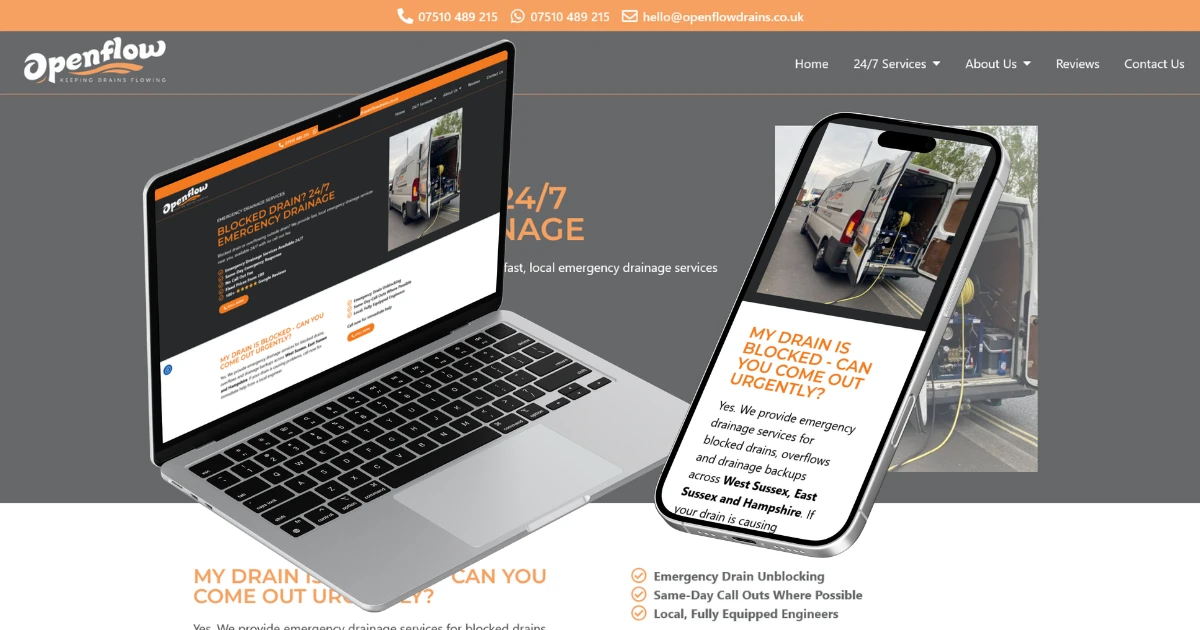 Website design for Open Flow Drains, emergency drainage services in Littlehampton