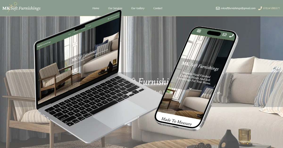 Website design for MK Soft Furnishings, bespoke curtains, blinds and soft furnishings in Haslemere